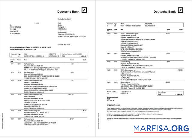 Realistic Germany Deutsche bank account statement word 2 pages sample